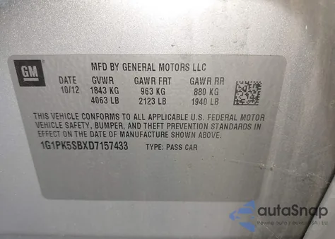 2013 Chevrolet Cruze Lt из США, поврежденный, VIN 1G1PK5SBXD7157433